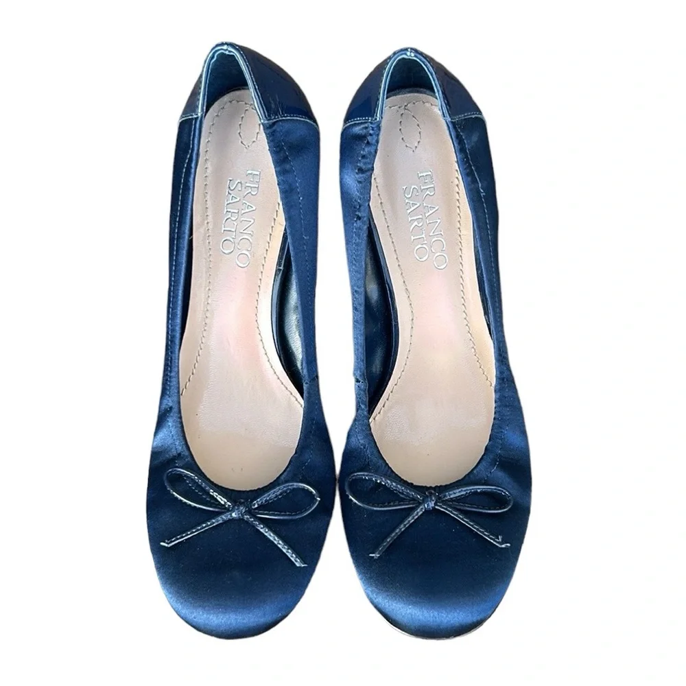 Franco Sarto Blue‎ Satin Bow Kitten Heels Pumps 7M Party Career Holiday Women’s